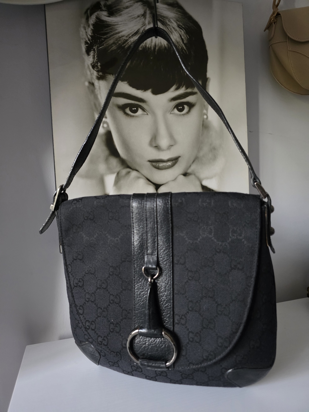 Gucci Black GG Canvas Icon Bit Vintage Shoulder Bag with Leather Trim